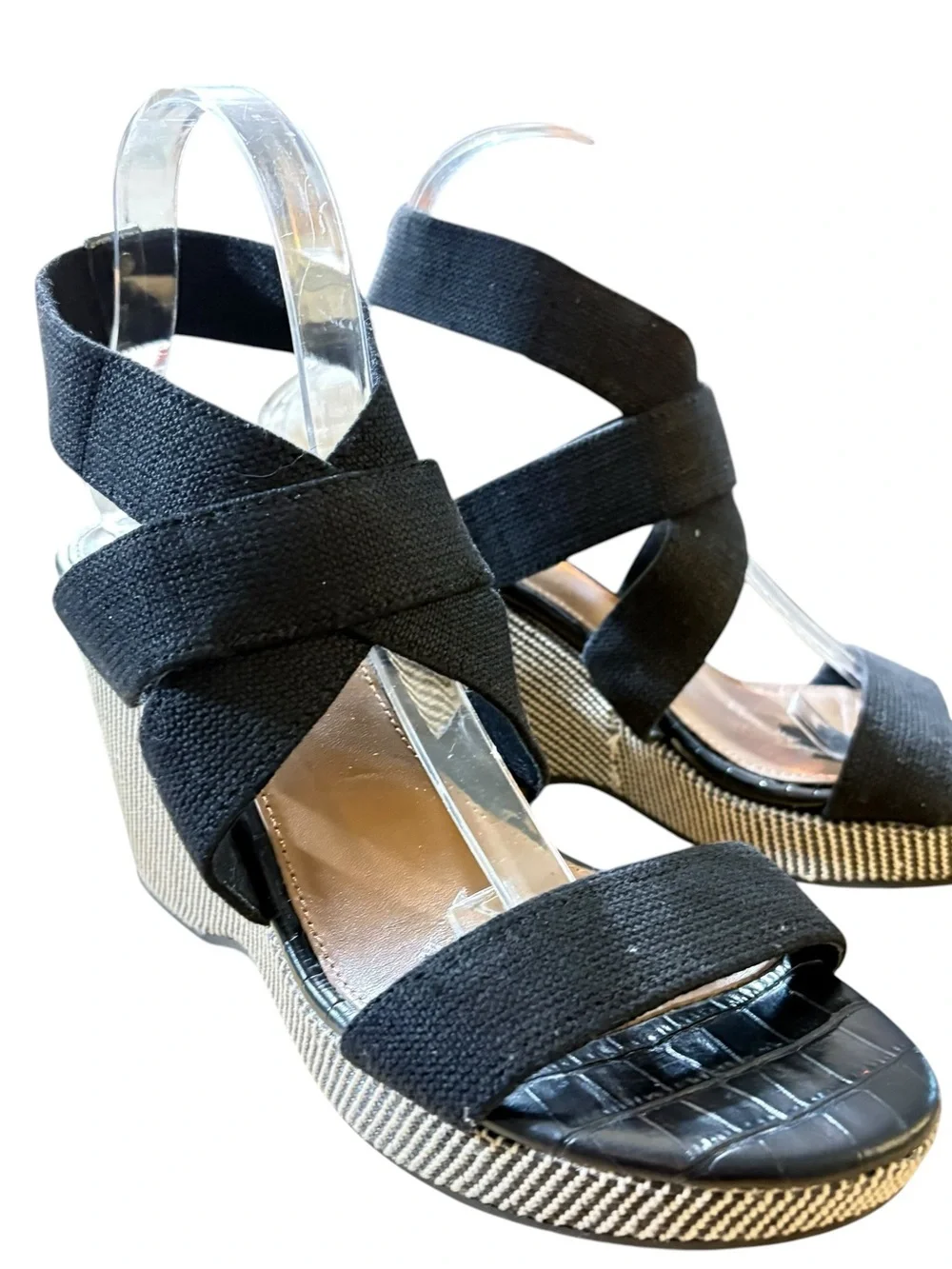 Donald J. Pliner Black Crisscross Fabric Wedge Sandals sz 9.5